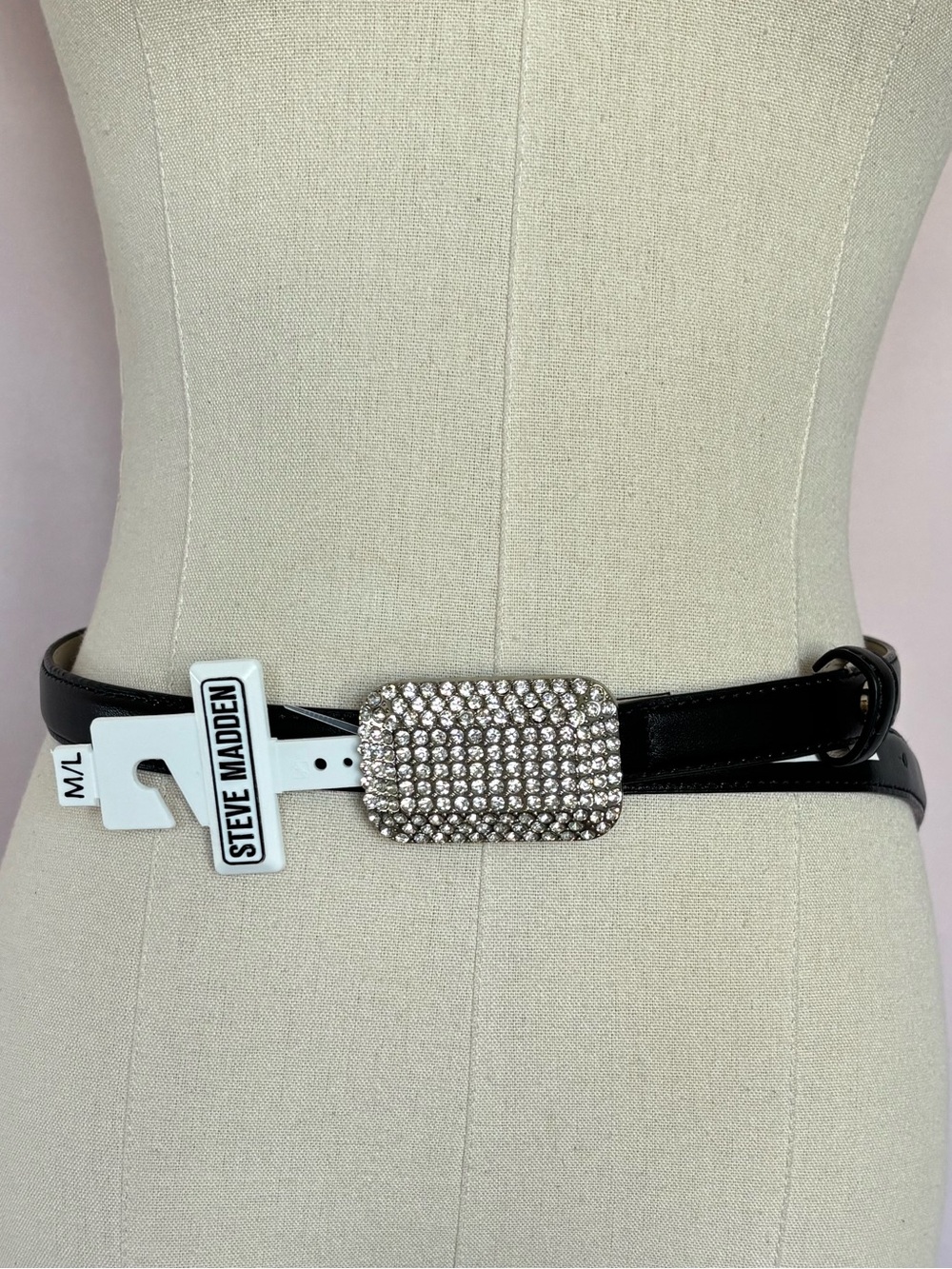 STEVE MADDEN Black Rhinestone Encrusted Buckle Vegan Leather Belt--NWT--M/L